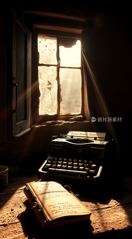 阳光下的旧时光打字机与笔记本