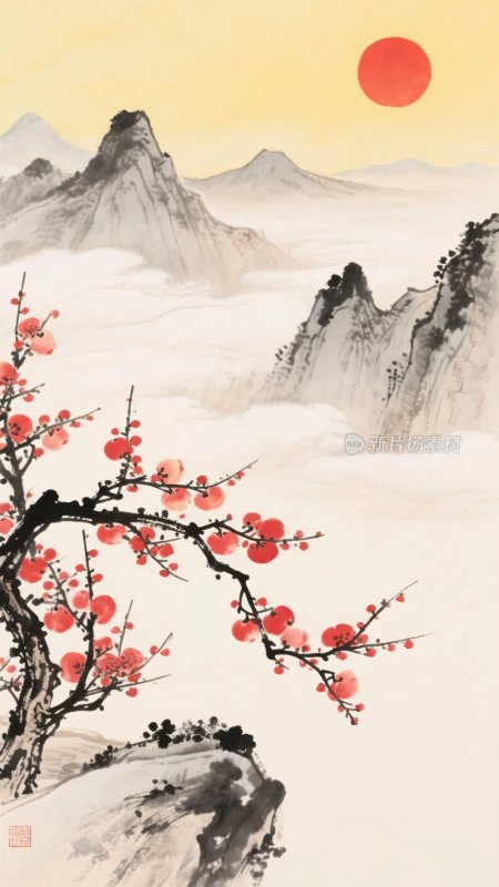 红梅映日山水国画