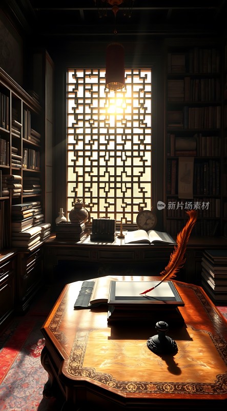 古风书房阳光洒落书香四溢