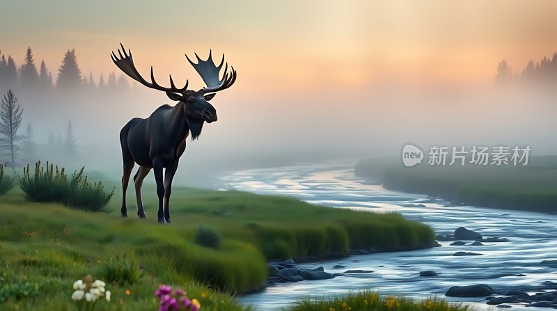 晨雾中的麋鹿与河流