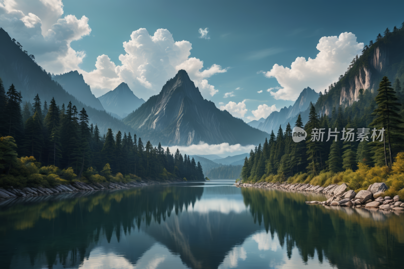 一个湖一座高山清风景插图片