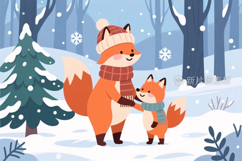 雪地狐狸亲子插画