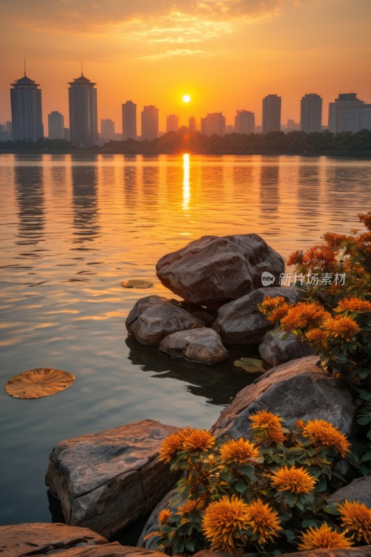 日落一片水面上岩石上生长着一束花风景图片