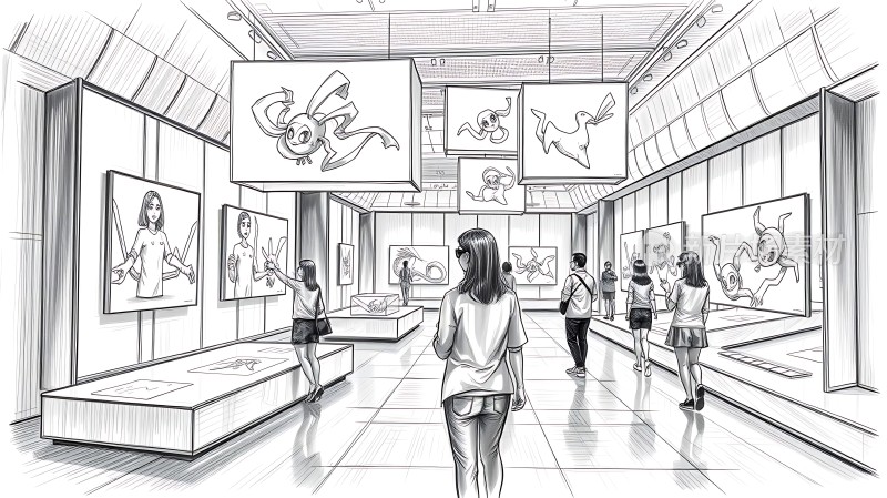 艺术馆内参观者欣赏画作