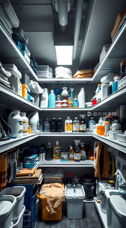 整洁有序的储物间各类清洁用品摆放整齐