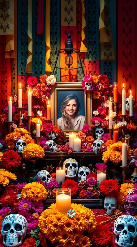 亡灵节祭坛色彩斑斓的花朵与骷髅共舞