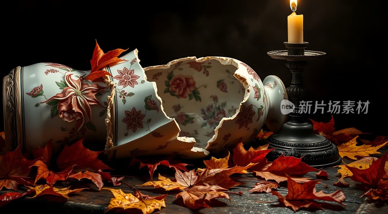 破碎瓷瓶与秋叶烛光