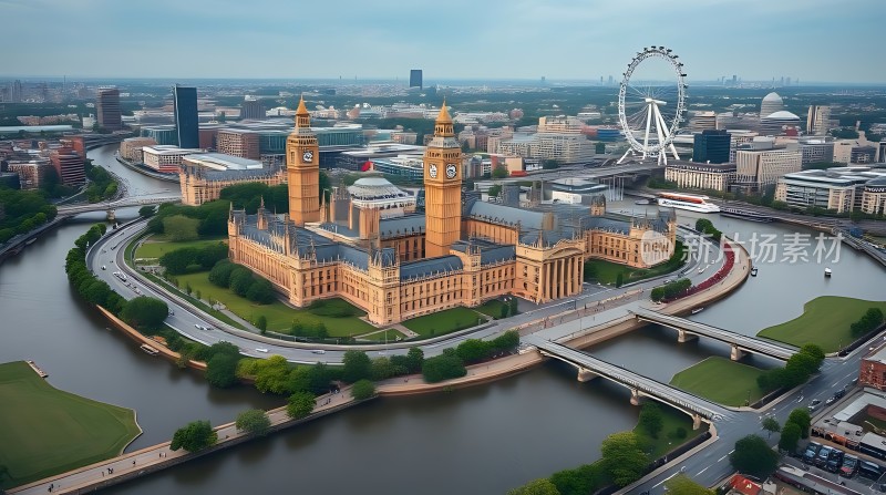 泰晤士河畔伦敦眼与国会大厦
