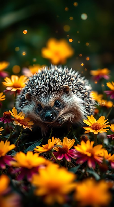 花丛中探出头的小刺猬