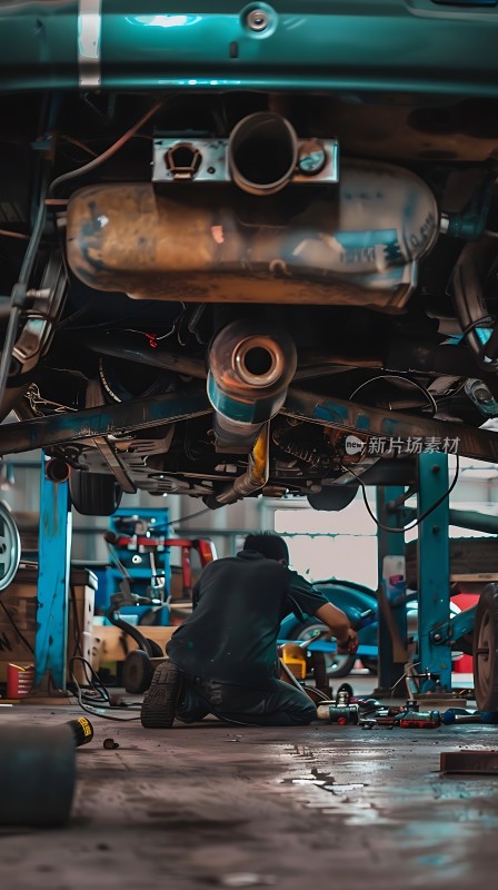 修车工人在车间内专注维修汽车底部部件