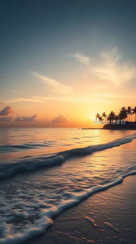 日落椰林海浪轻拍沙滩