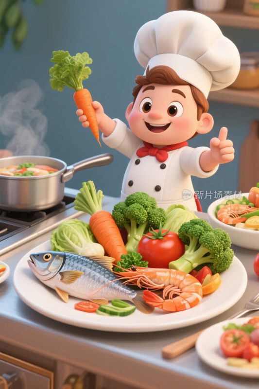 卡通厨师展示食材