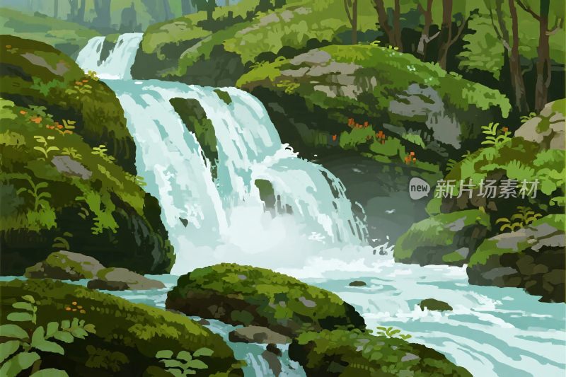森林瀑布插画