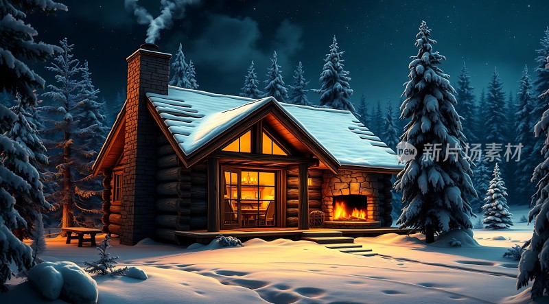 雪夜小木屋温馨 fireplace
