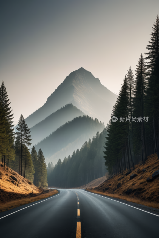 道路一座山两侧都是树木高清风景图片