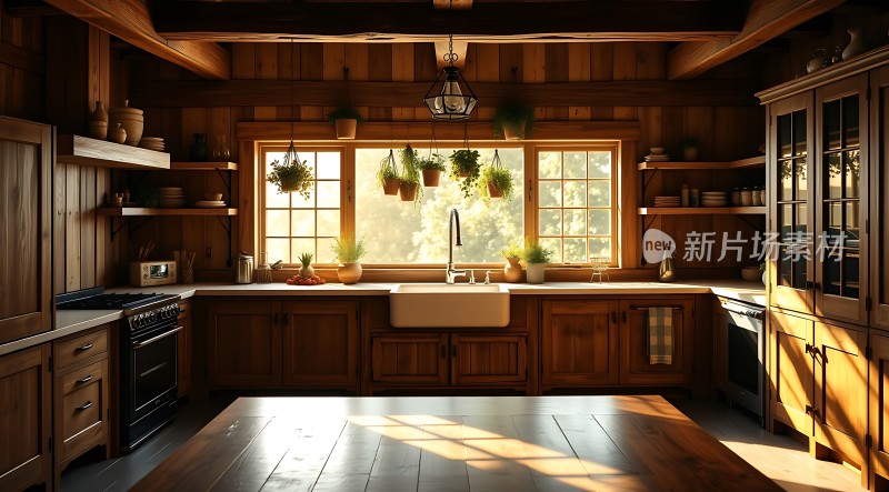 阳光洒满温馨厨房绿植点缀木制空间