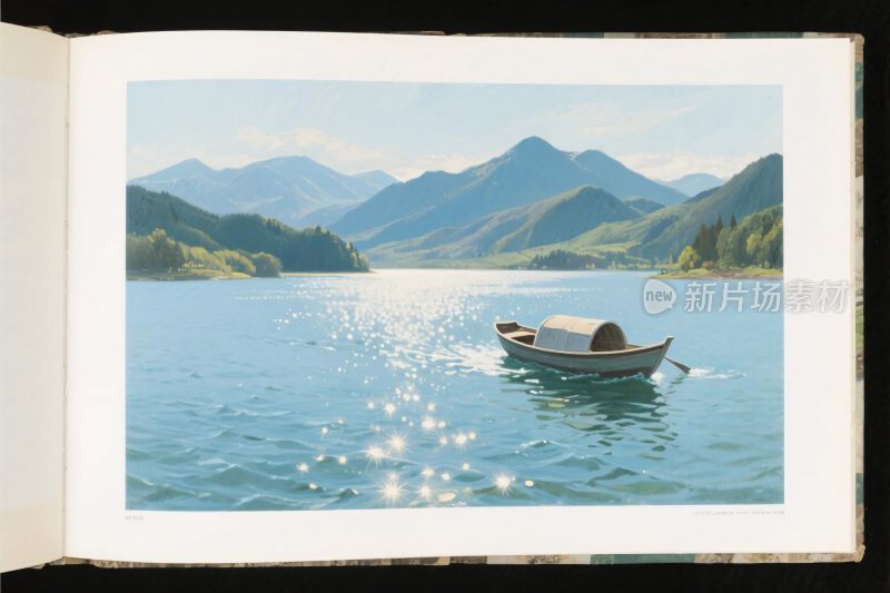 山水小船湖景插画