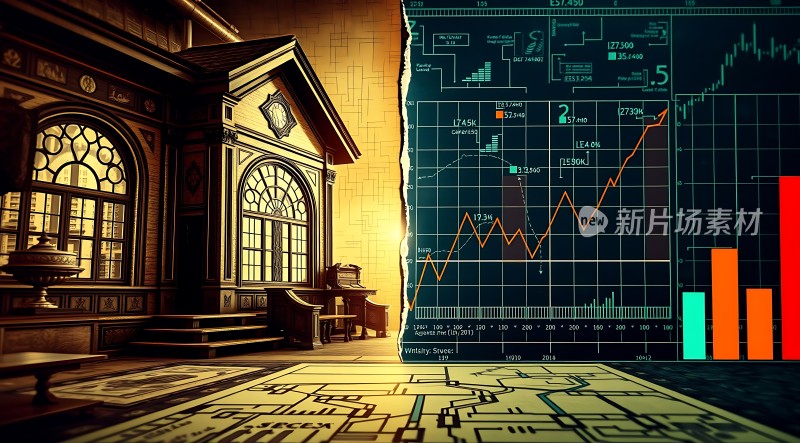 新片场素材古典建筑与股市图表的结合