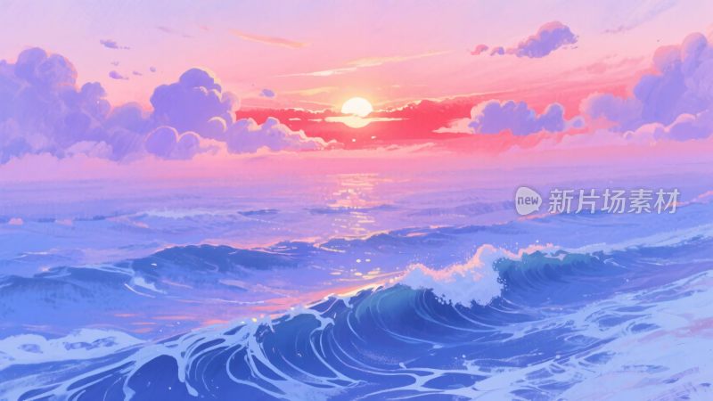 唯美海上日落插画