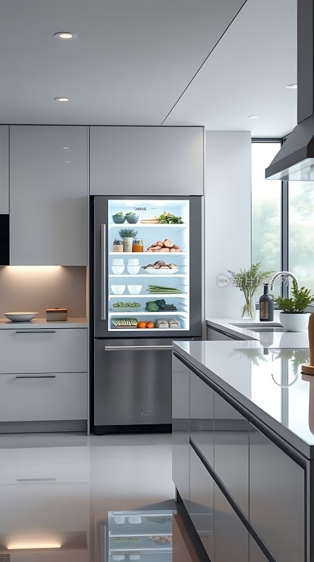 现代厨房设计冰箱展示新鲜食材