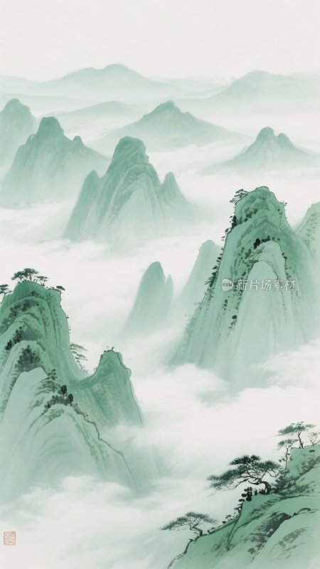 水墨风格青绿山水风景图