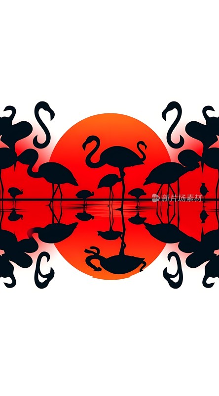 火红夕阳映照下的优雅火烈鸟剪影