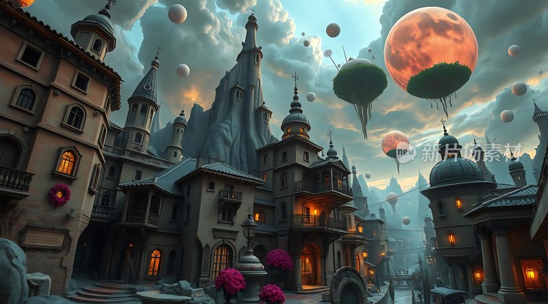 奇幻小镇梦幻天空下的神秘建筑