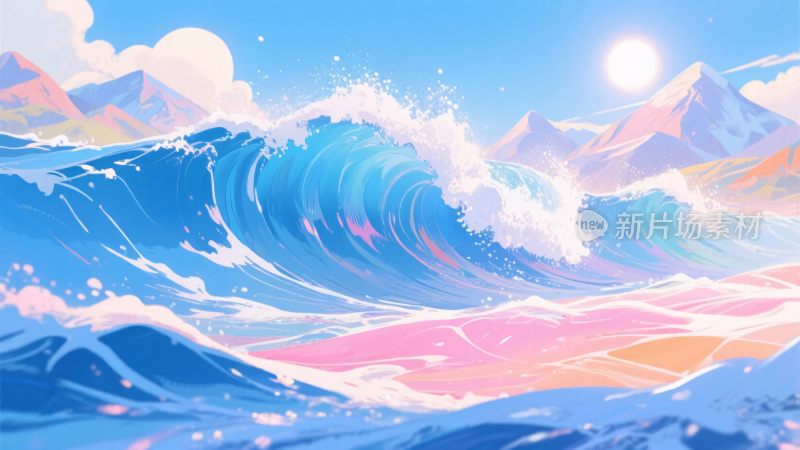 梦幻海浪与远山的插画风景
