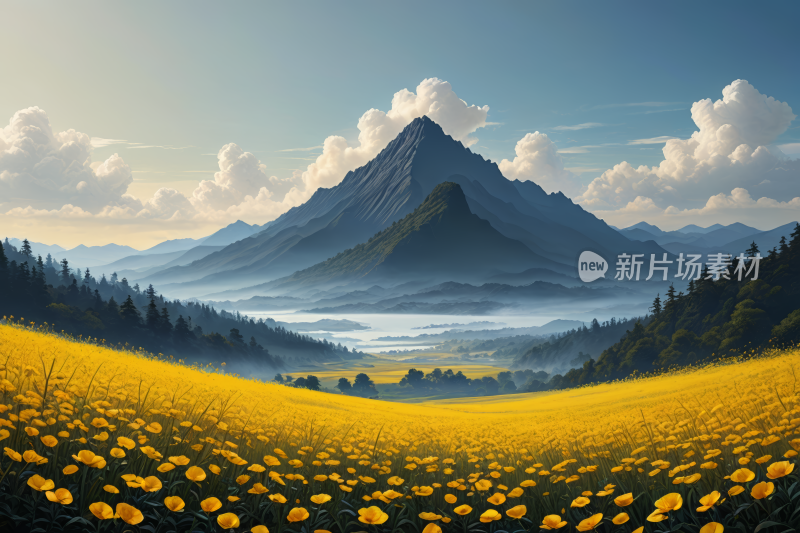 一片黄色花田山地风景高清风景插画图片