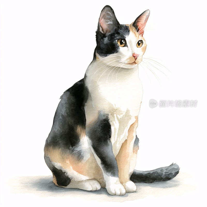 三色猫咪的水彩插画