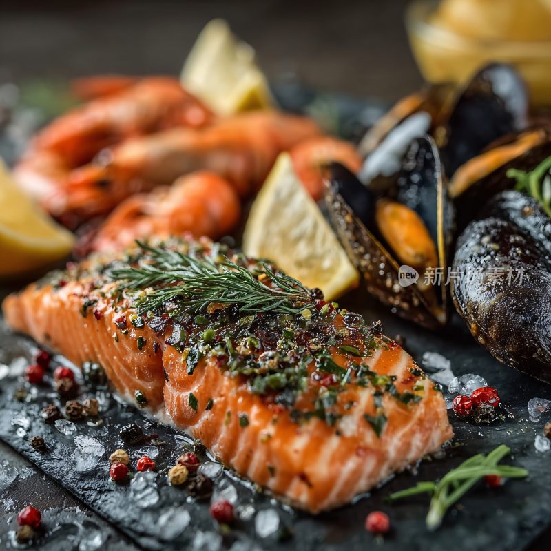 美味海鲜拼盘与烤三文鱼