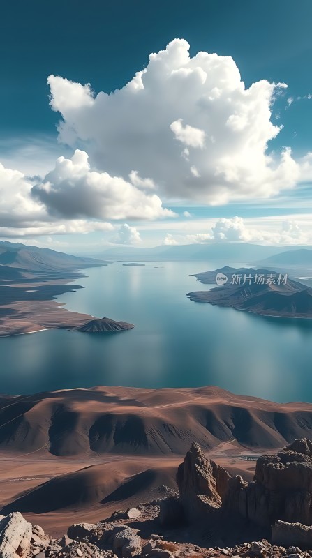 天际云海映碧波山峦起伏绕湖畔