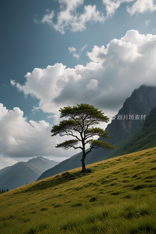 一片草地高山一棵孤树高清风景图片