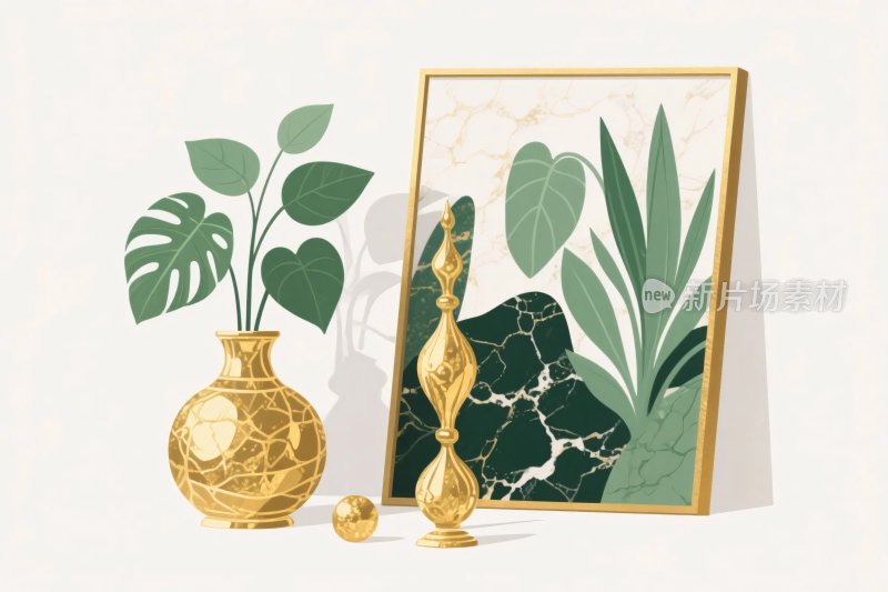 金色装饰摆件与绿植装饰画