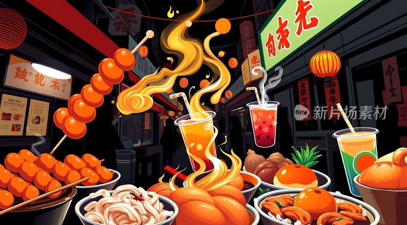 夜市美食盛宴热气腾腾的街头小吃
