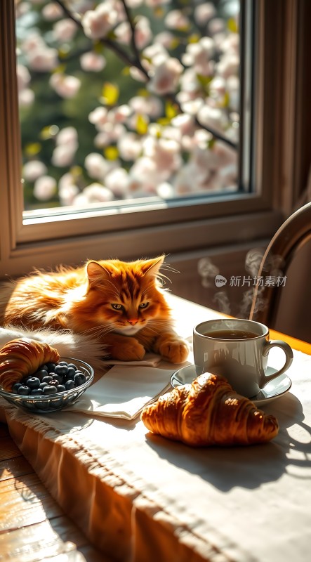 阳光下的猫咪与早餐