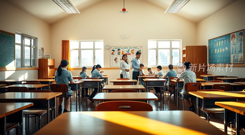 阳光洒满教室师生互动学习场景