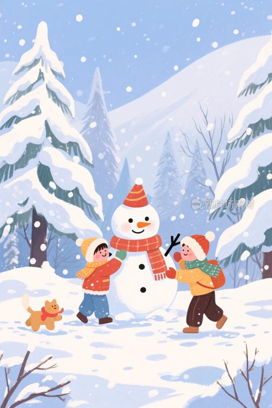 冬季雪地堆雪人插画