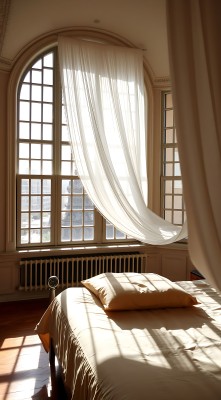 阳光洒满卧室白色窗帘飘动床铺整洁舒适