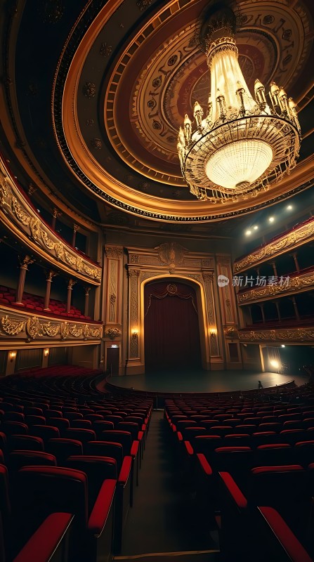 剧院大堂华丽吊灯与红色座椅相映成趣