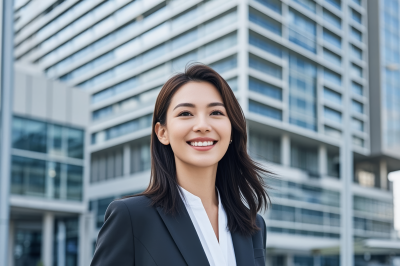 穿着西装的微笑女人站在大楼前高清图片