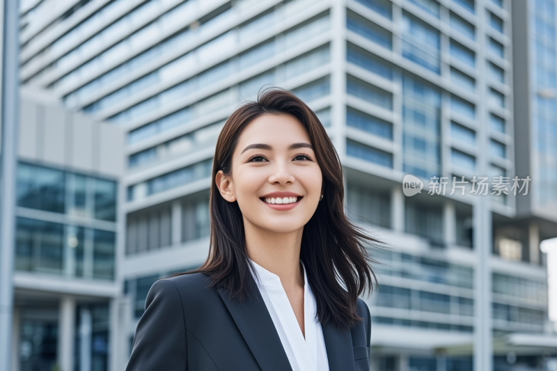 穿着西装的微笑女人站在大楼前高清图片