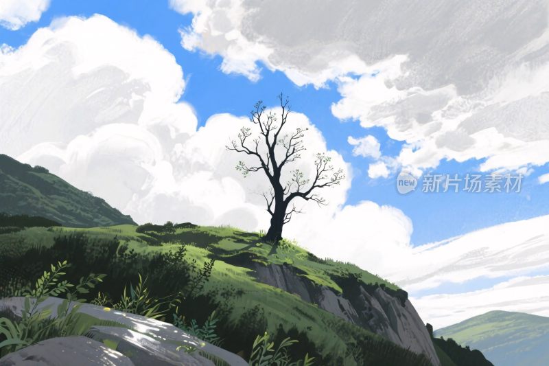 山间孤树风景插画
