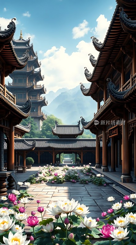 古风庭院荷花池