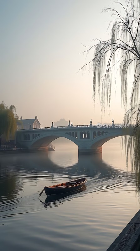 晨雾中的古桥与孤舟