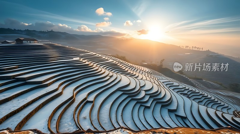 梯田晨曦映雪原