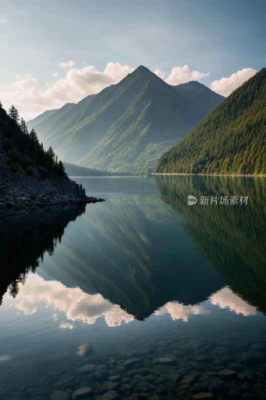 山倒映在有岩石的湖水中高清风景图片