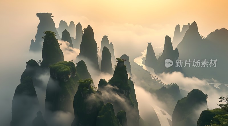 日出时分的神秘山峰与云海