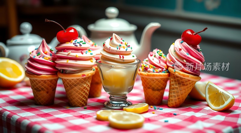 彩色冰淇淋甜筒与柠檬茶时光
