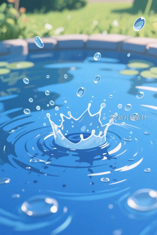 水花溅起的蓝色池塘画面